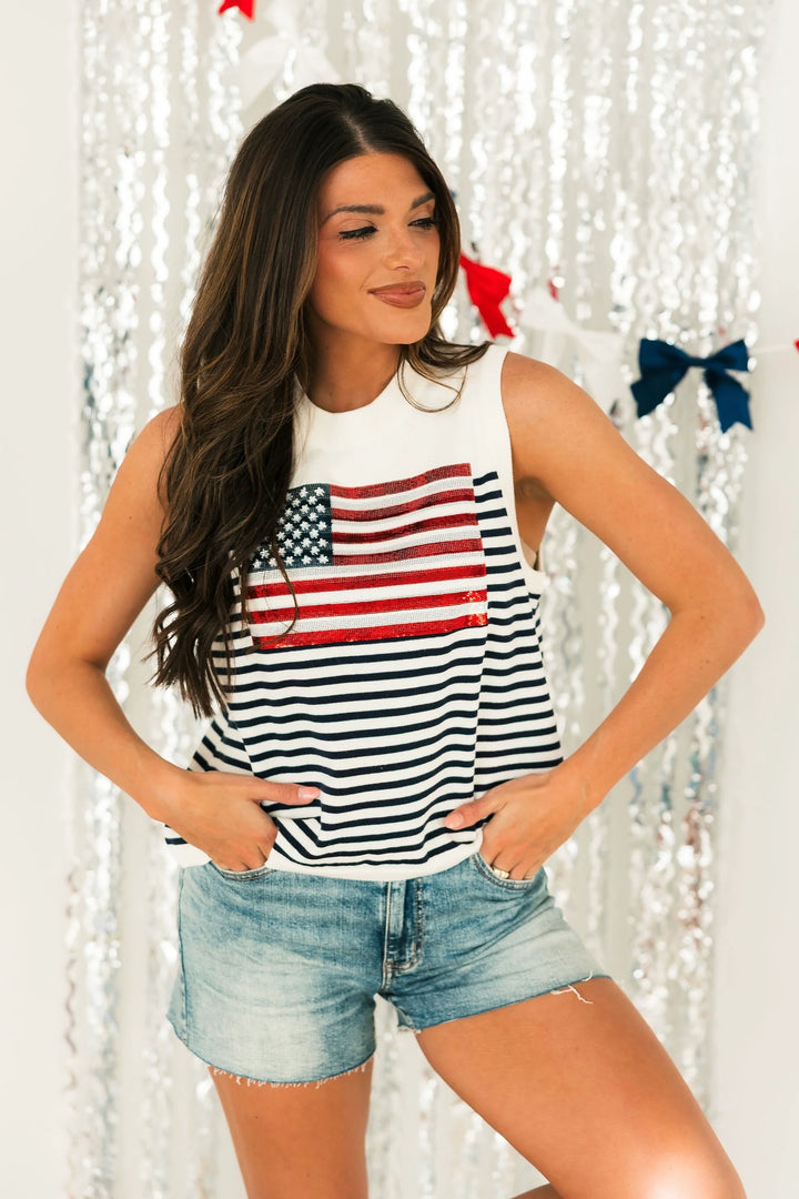 Queen of Sparkles Knit American Flag Stripe Tank
