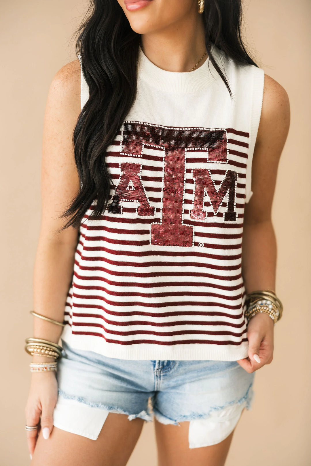 Queen of Sparkles Licensed Texas A&M Mascot Striped Knit Tank