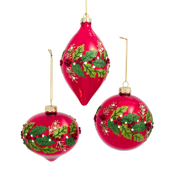 Glass Red Ball, Onion, or Drop with Holly Ornament