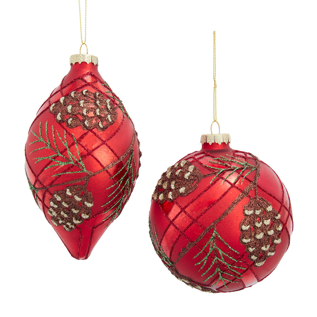 Kurt Adler Glass Red with Pinecones & Branches Ornament
