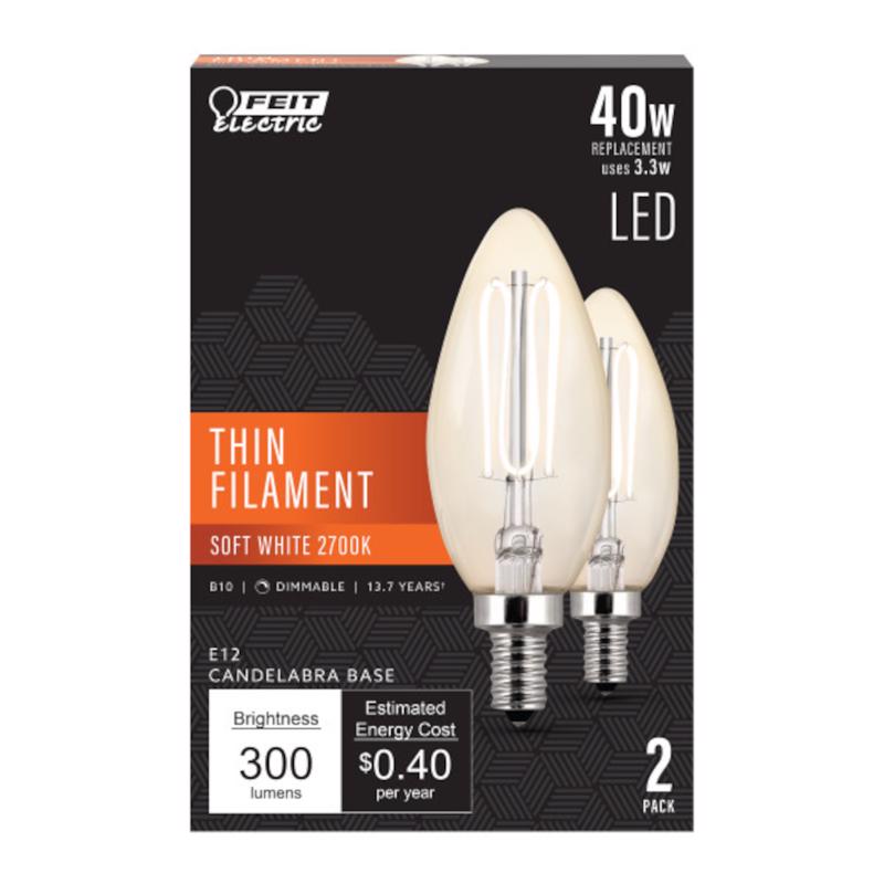 Feit B10 E12 (Candelabra) Filament LED Bulb Soft White 40 Watt Equivalence - 2 pk