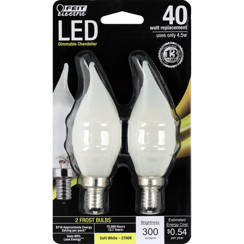 Feit CA10 (Flame Tip) E12 (Candelabra) LED Bulb Soft White 40 Watt Equivalence - 2 pk