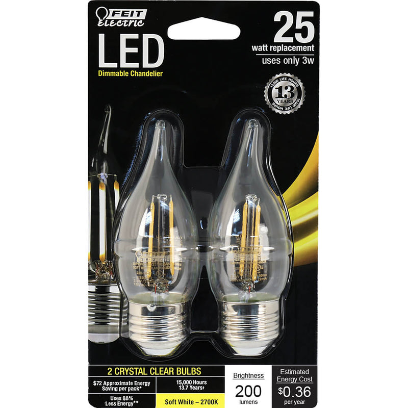Feit CA10 (Flame Tip) E26 (Medium) LED Bulb Soft White 25 Watt Equivalence - 2 pk