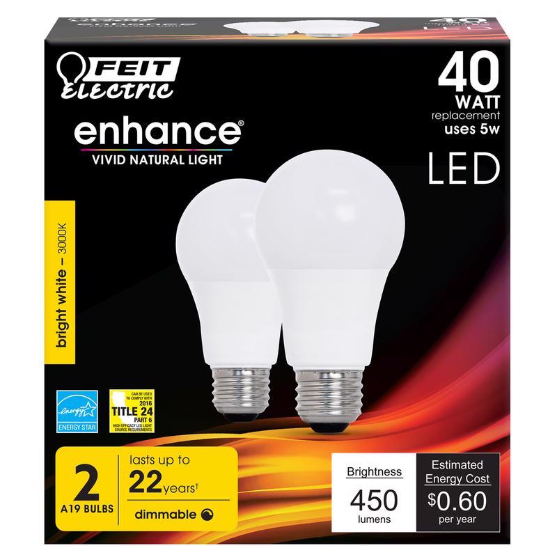 Feit Enhance A19 E26 (Medium) LED Bulb Bright White - 2 pk