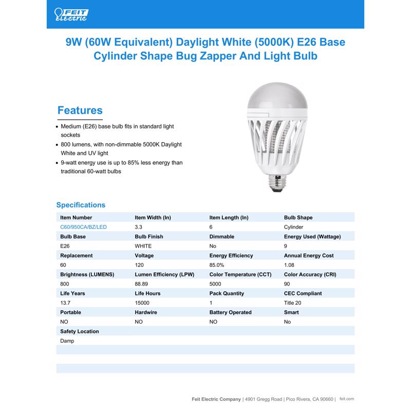 Feit 9W (60W Equivalent) Daylight White (5000K) E26 Base Cylinder Shape Bug Zapper and Light Bulb