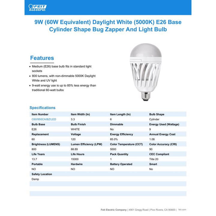 Feit 9W (60W Equivalent) Daylight White (5000K) E26 Base Cylinder Shape Bug Zapper and Light Bulb