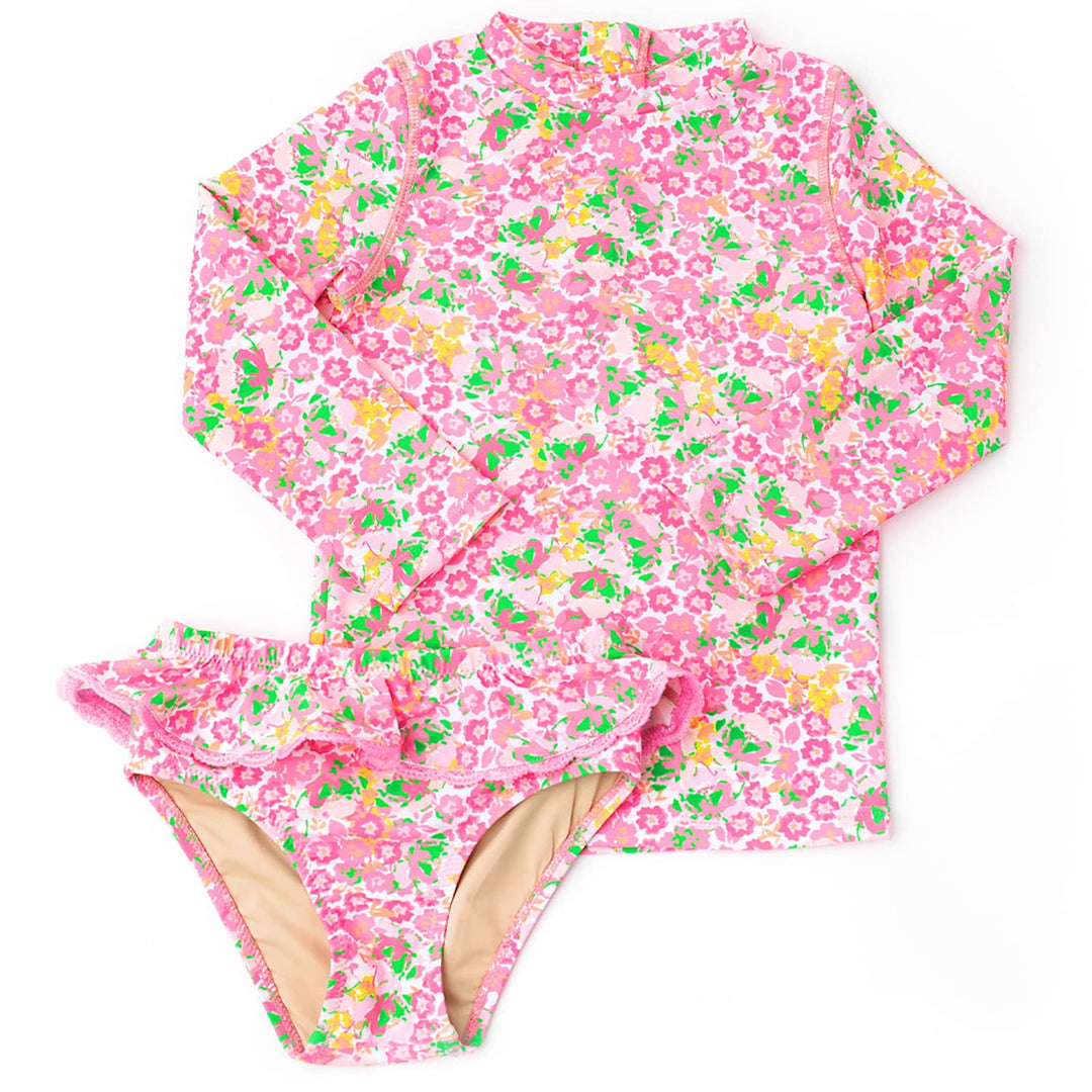 Girl's Rashguard Swimwear Set - Fresh Floral Pink