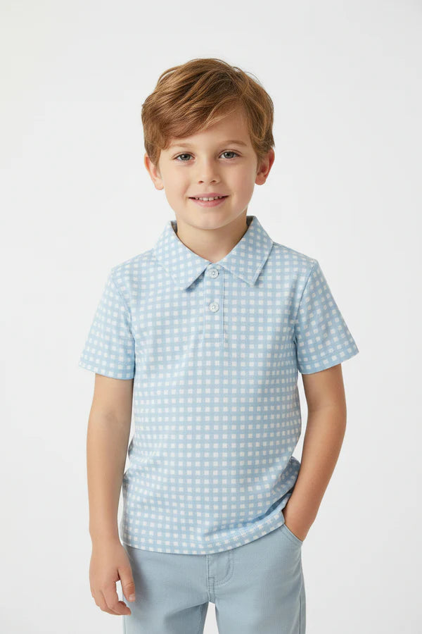 Goosies Kid's Blue Gingham in Cottage Blue Polo Shirt