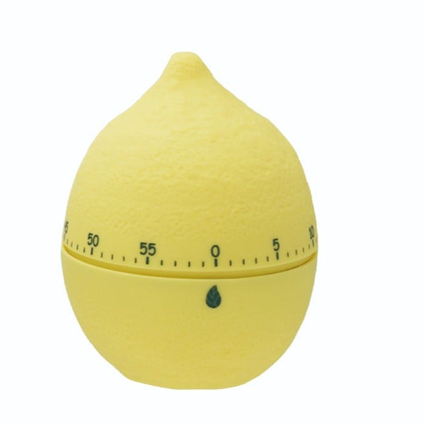 Yellow lemon-shaped timer with brown box on a white background