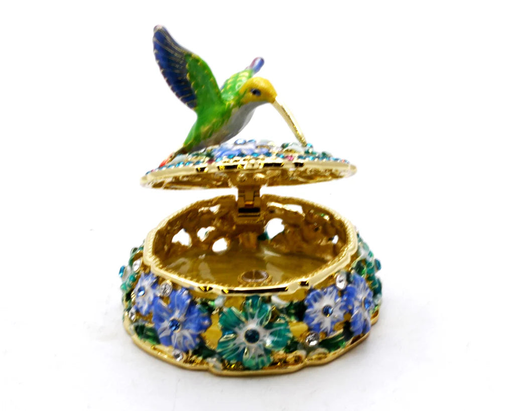 Hummingbird Floral Round  Trinket Box