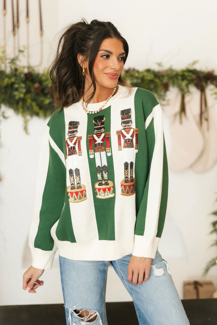 Queen of Sparkles Green & Ivory Striped Nutcracker Sweater