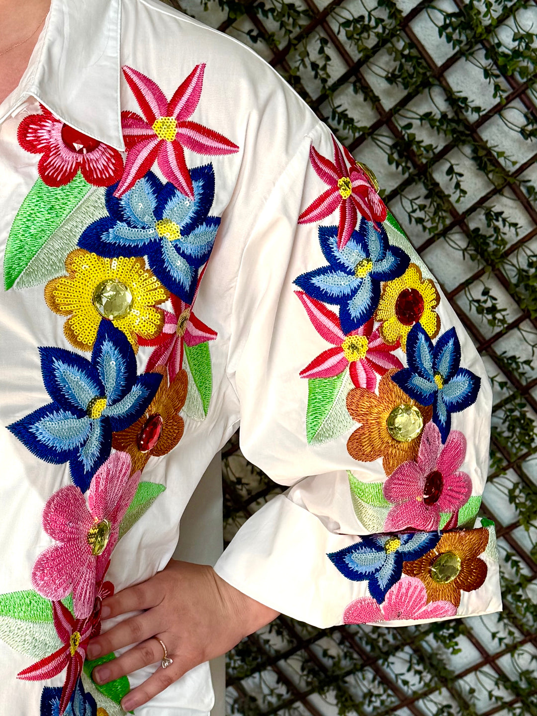 Queen of Sparkles White Multi Flower Button Up Collar Cotton Dress