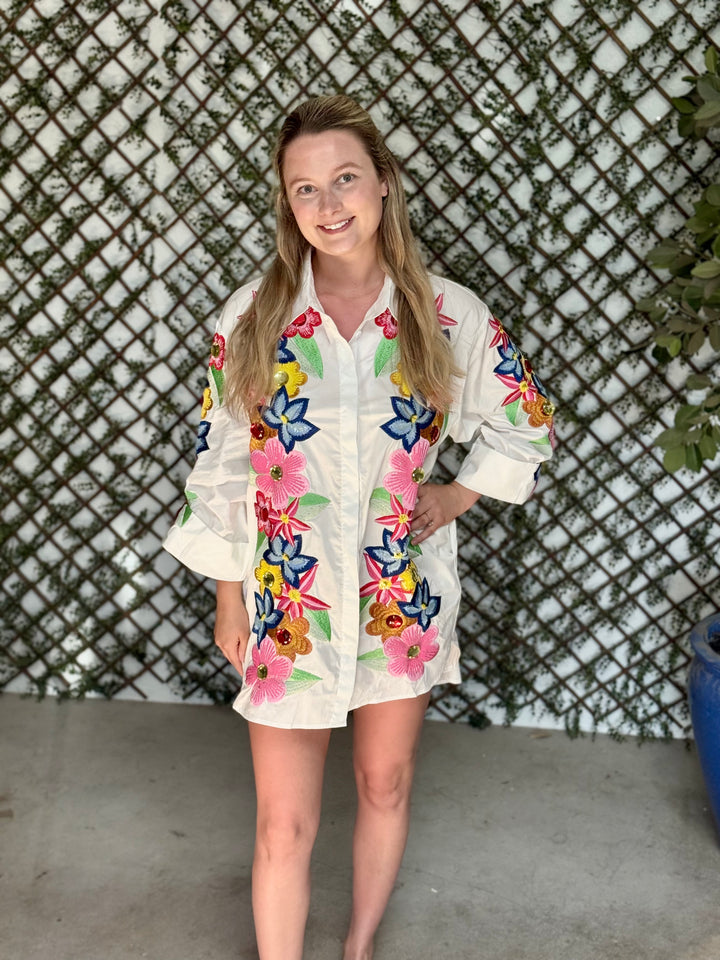 Queen of Sparkles White Multi Flower Button Up Collar Cotton Dress