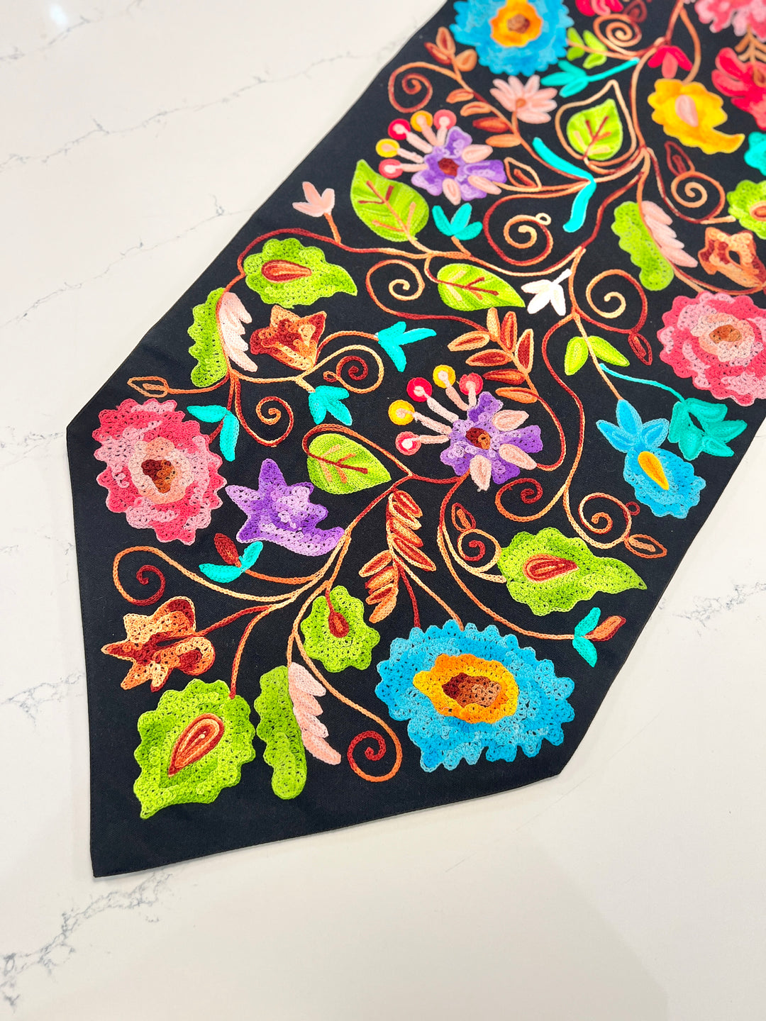 Floral Embroidery Table Runner - Black