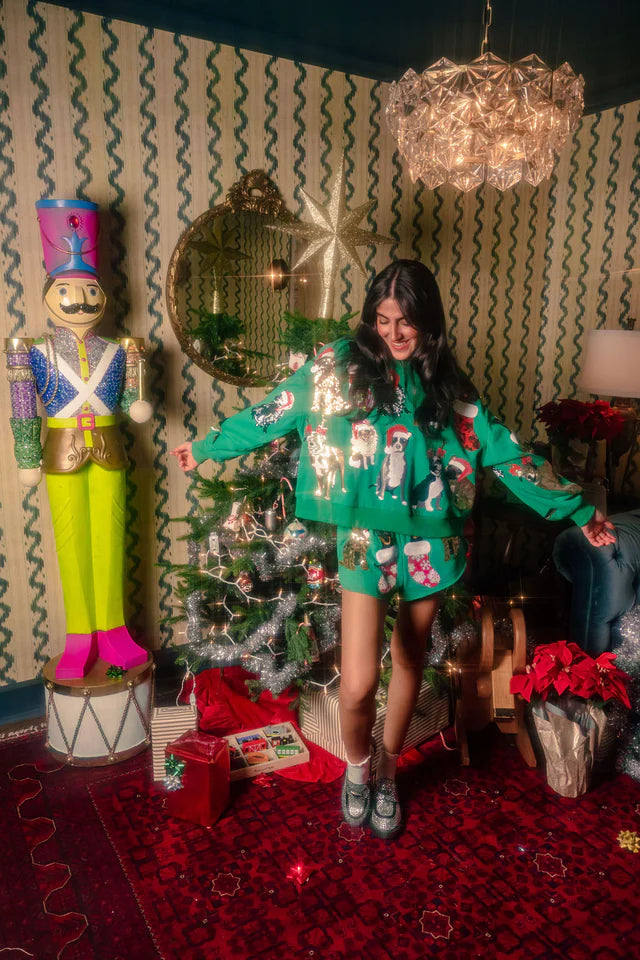 Queen of Sparkles Green Christmas Puppies Sweatshirt