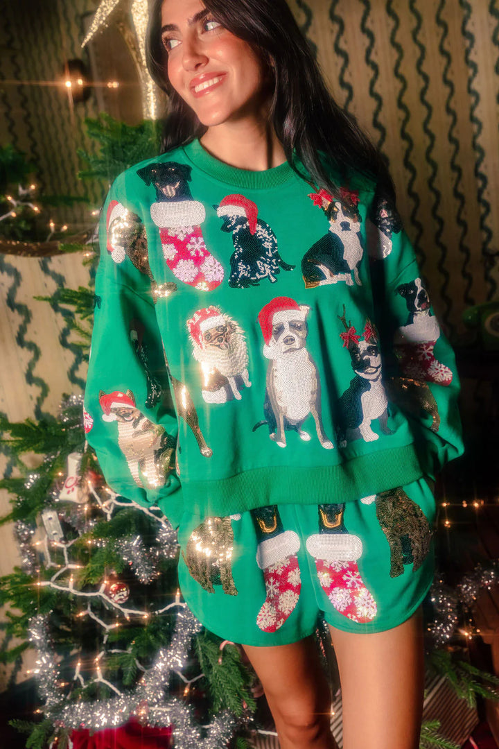 Queen of Sparkles Green Christmas Puppies Sweatshirt