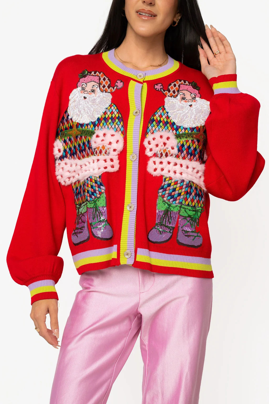 Queen of Sparkles Red Rainbow Santa Button Up Cardigan