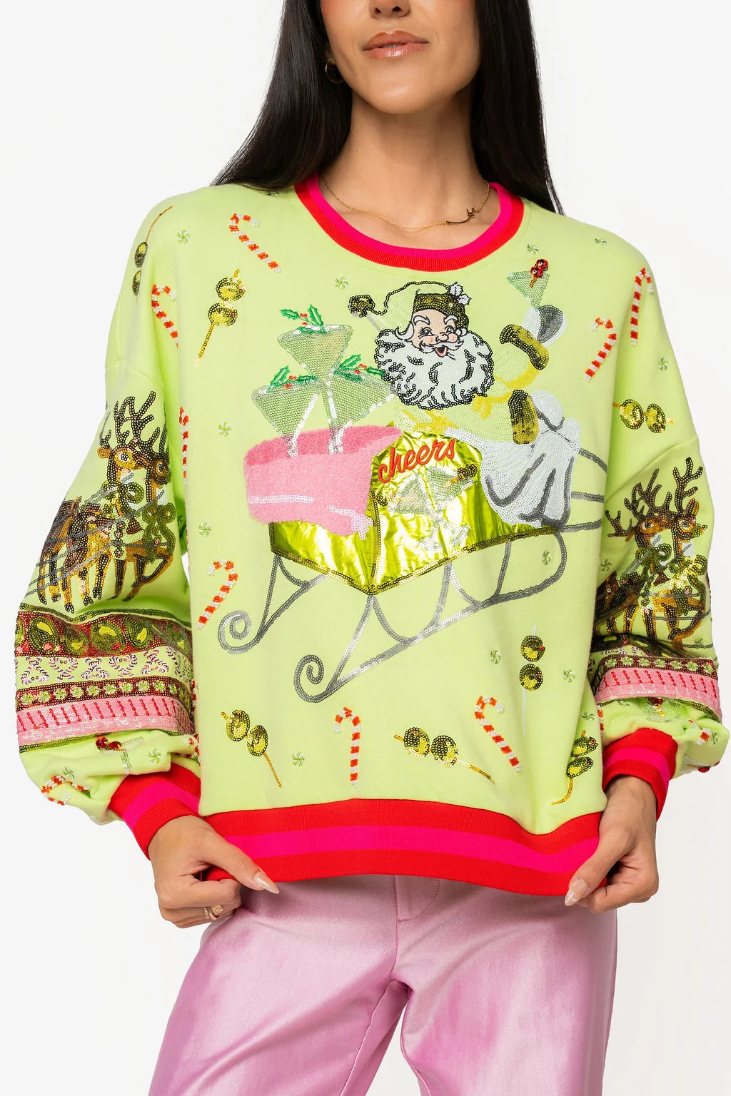 Queen of Sparkles Light Green Martini Vintage Santa Sweatshirt