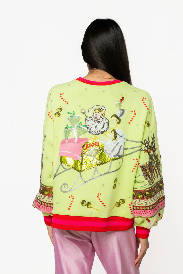 Queen of Sparkles Light Green Martini Vintage Santa Sweatshirt