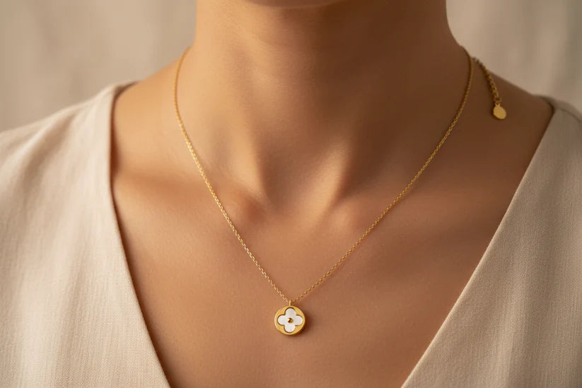 Gold Necklace with Mother of Pearl Clovers