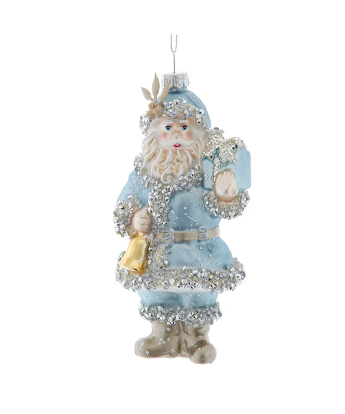 Kurt Adler Glass Blue & Platinum Santa Ornament