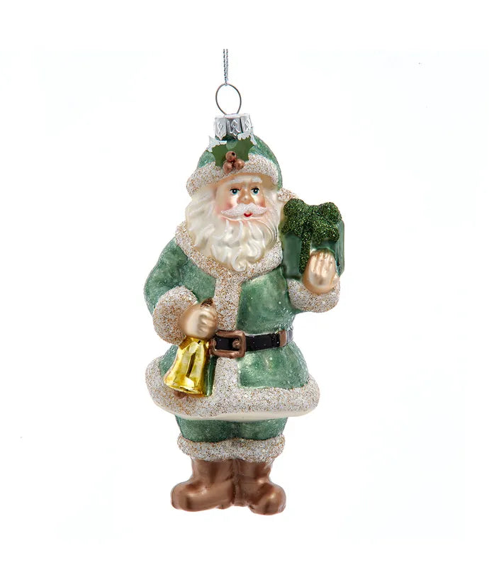 Kurt Adler Glass Green Santa With Gift Ornament