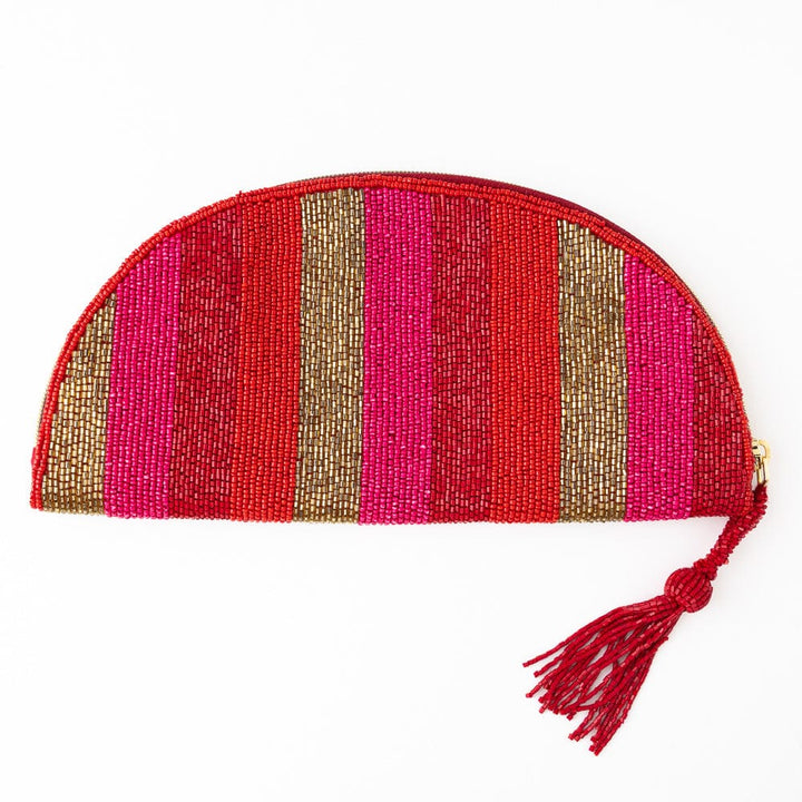 Leslie Vertical Stripes Beaded Half Circle Clutch Red, Pink, + Gold