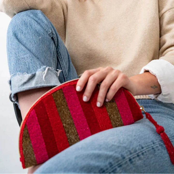 Leslie Vertical Stripes Beaded Half Circle Clutch Red, Pink, + Gold