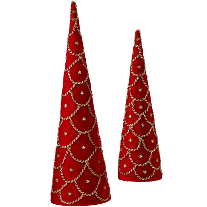 Red Jeweled Scalloped Velvet Cone Tree