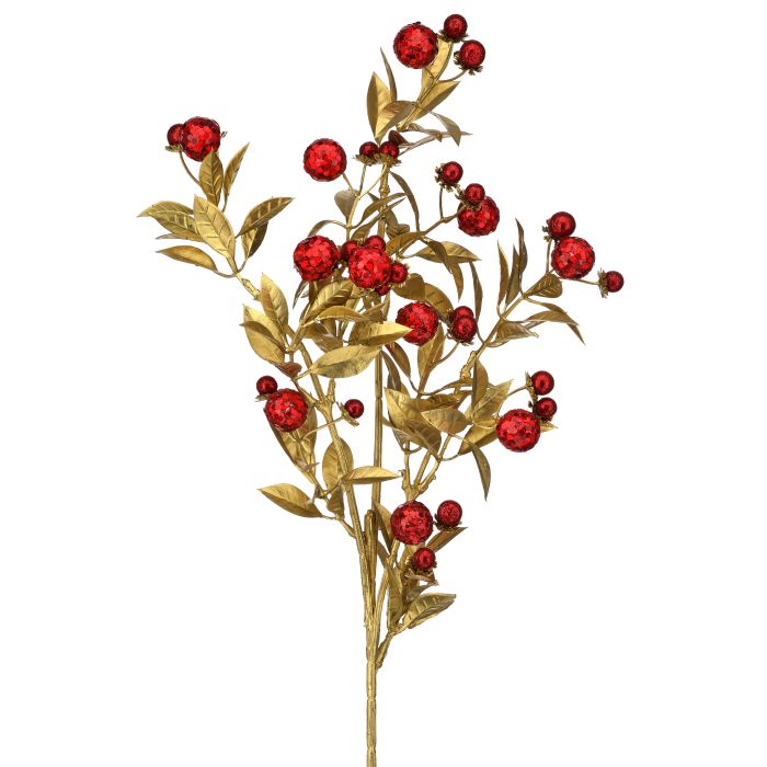 27" Red and Gold Glitter Ball Tea Leaf Stem