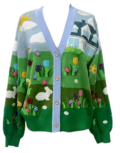 Queen of Sparkles Multi Easter Bunnies & Eggs in Yard Scene Button Up Cardigan