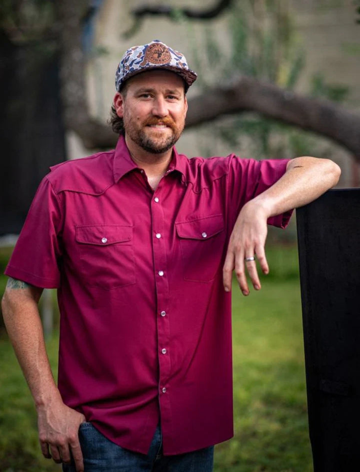Blue Quail Men's Maroon Pearl Snap Short Sleeve Shirt