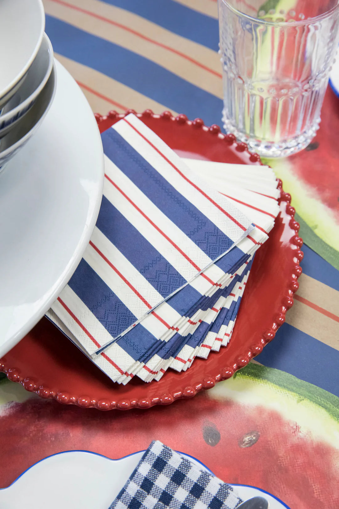 Hester & Cook Navy & Red Awning Stripe Cocktail Paper Napkins