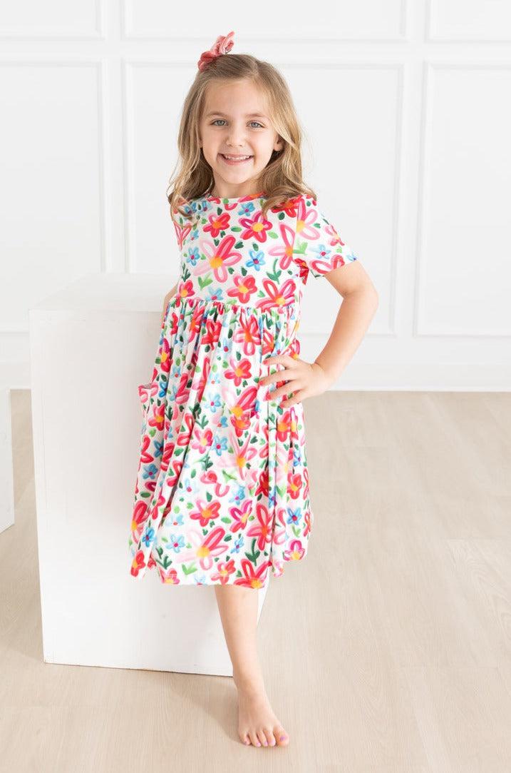 Mila & Rose Girl's Neon Floral Pocket Twirl Dress