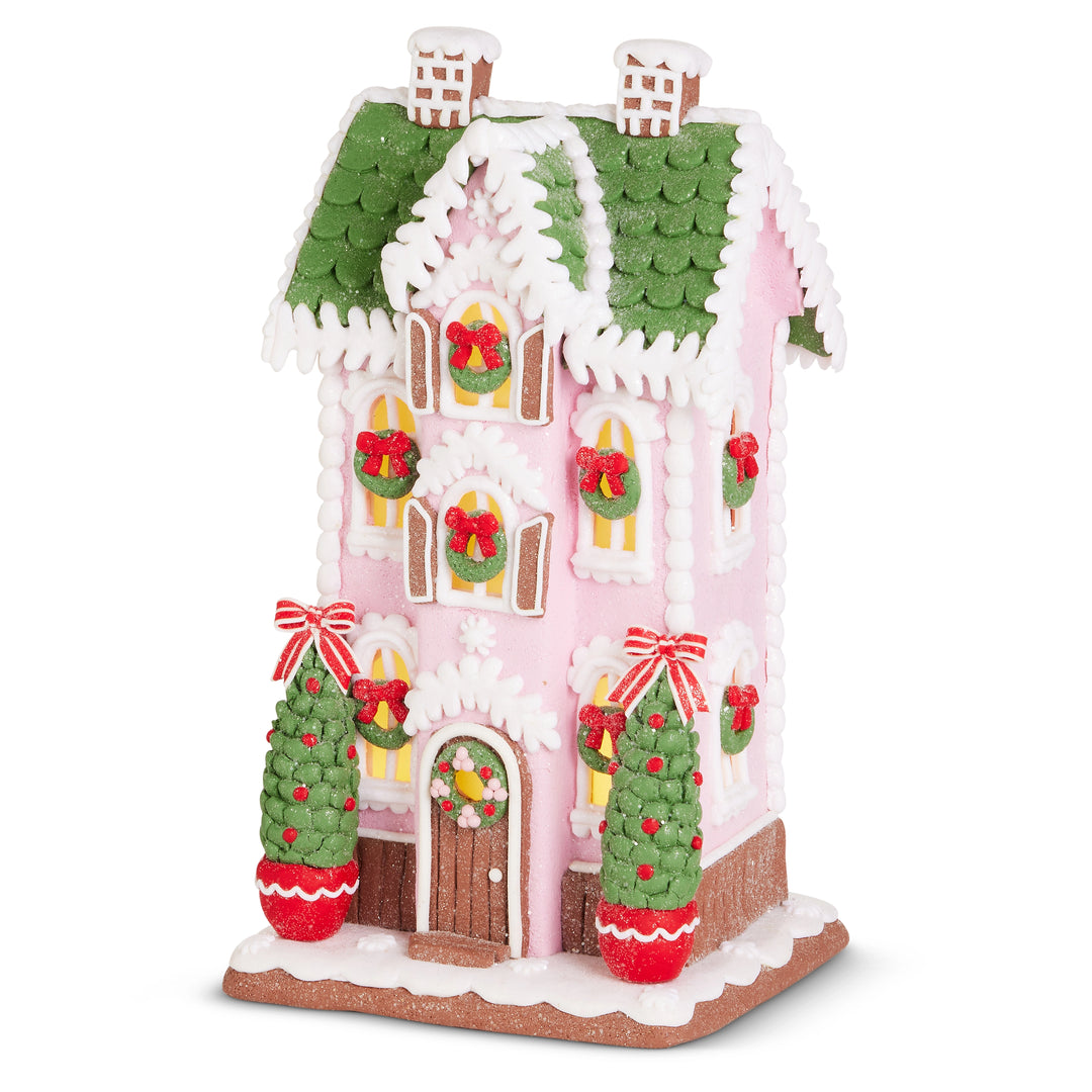 Pink and Green Lighted Gingerbread Cottage