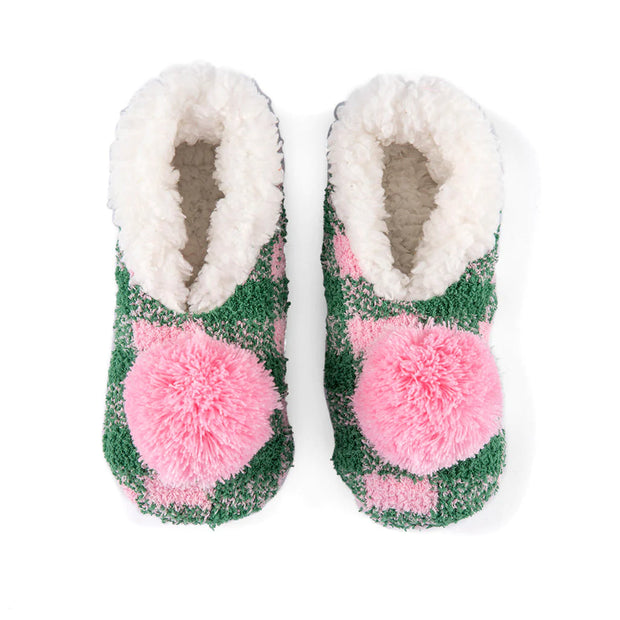 Plaid Knit Holiday Slippers WIth Pom