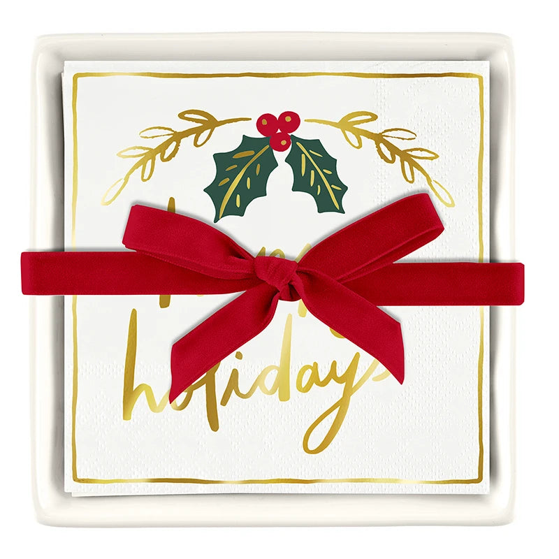 Happy Holidays Ceramic Napkin Tray + Napkins