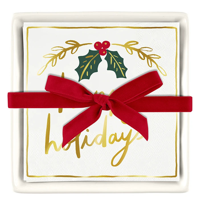 Happy Holidays Ceramic Napkin Tray + Napkins