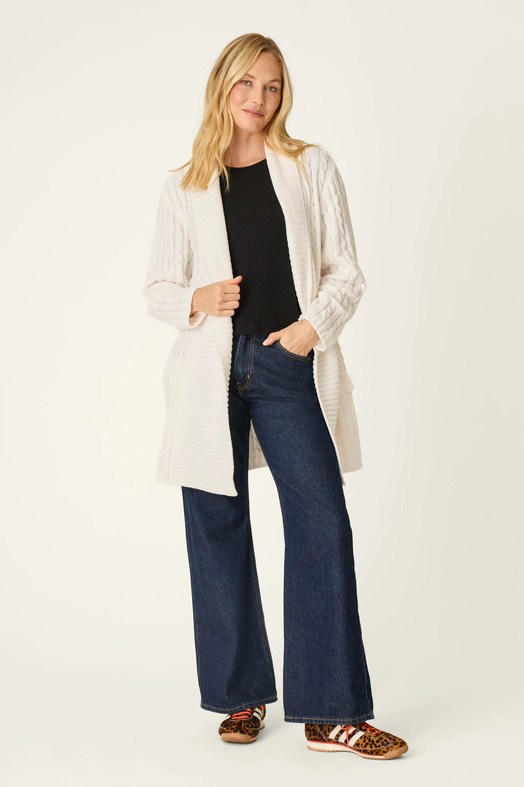 P.J. Salvage Cozy Chenille Cable Knit Long Ivory Cardigan