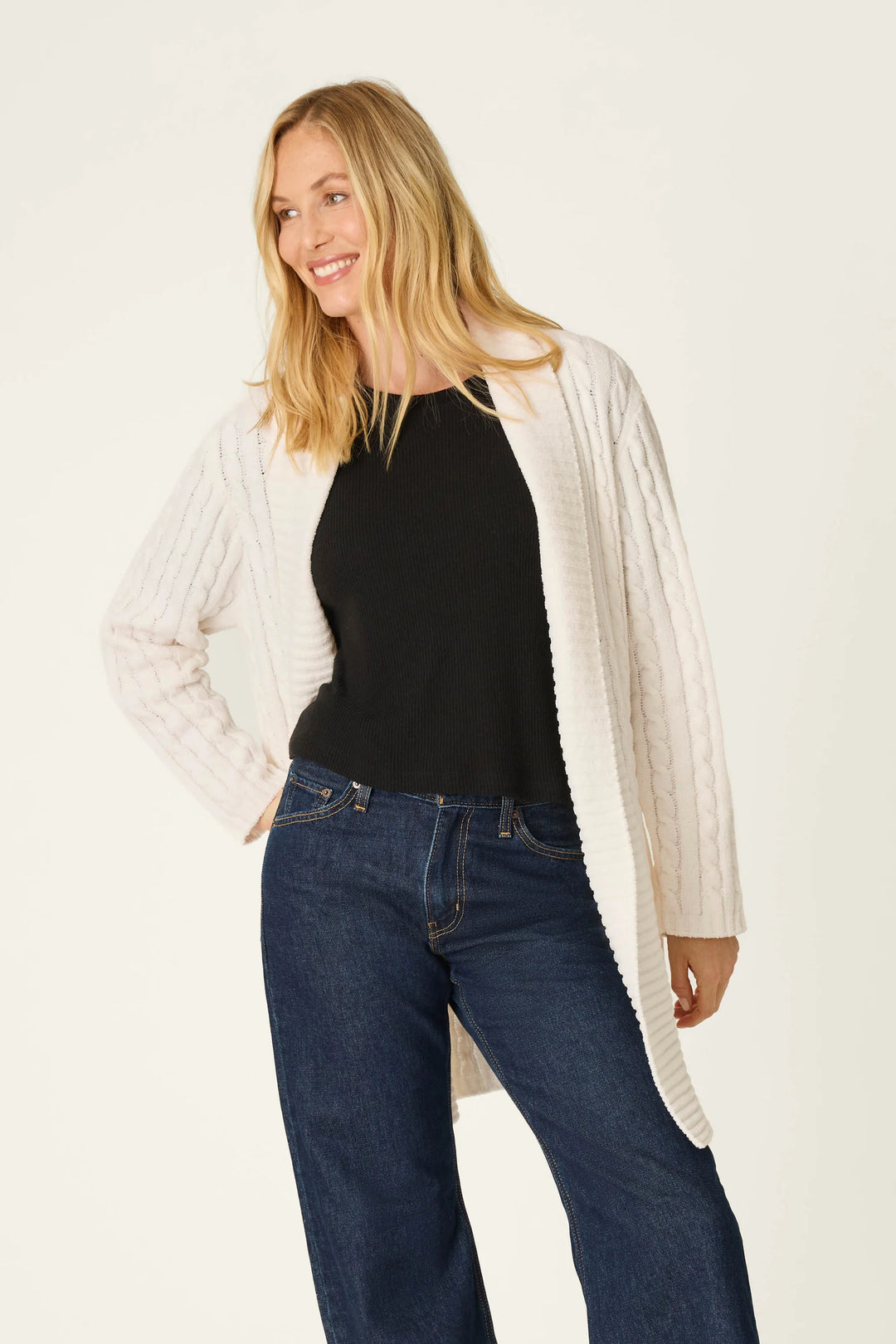 P.J. Salvage Cozy Chenille Cable Knit Long Ivory Cardigan