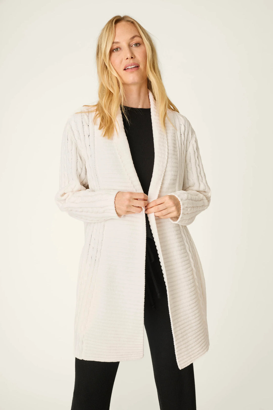 P.J. Salvage Cozy Chenille Cable Knit Long Ivory Cardigan