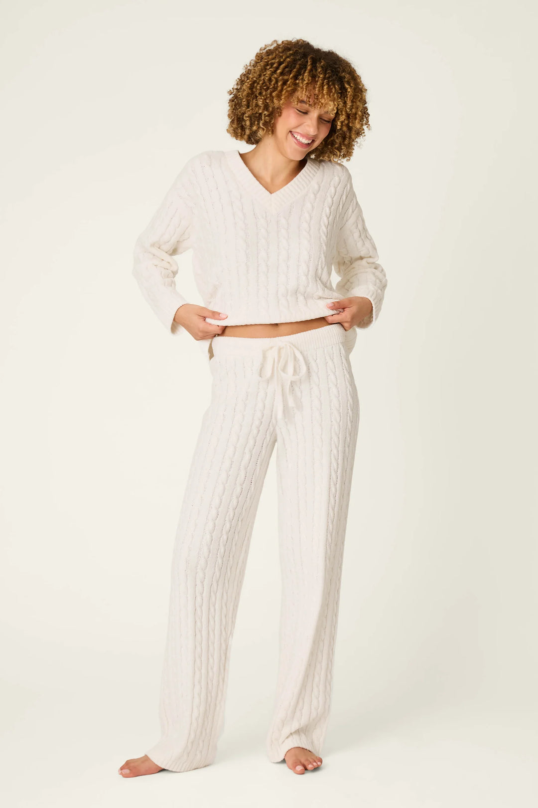 P.J. Salvage Cozy Chenille Cable Knit Ivory Lounge Sweater and Pant