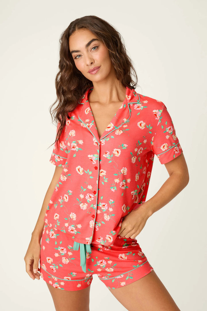 P.J. Salvage Siesta Dreams Dark Coral Floral Print Short Sleeve Top