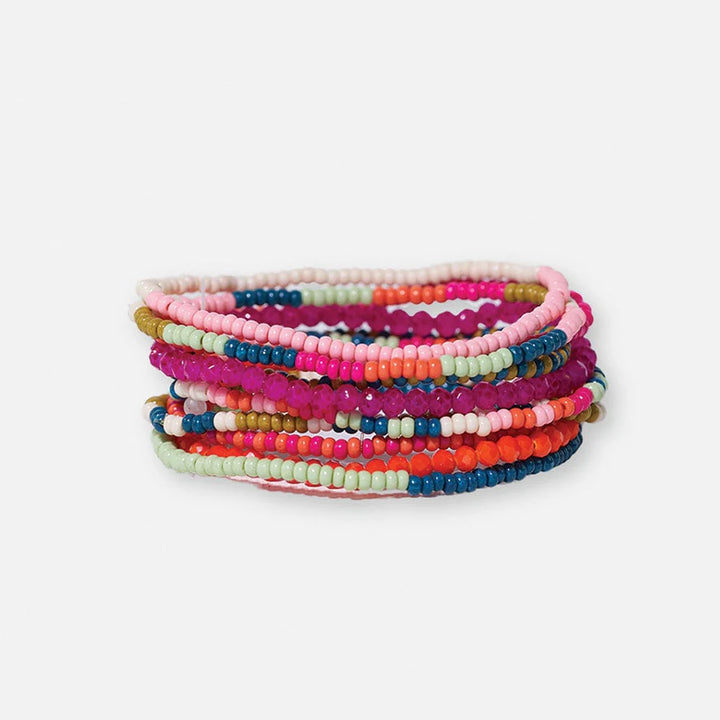 Sage Mixed Stripe Beaded 10 Strand Stretch Bracelet in Rainbow