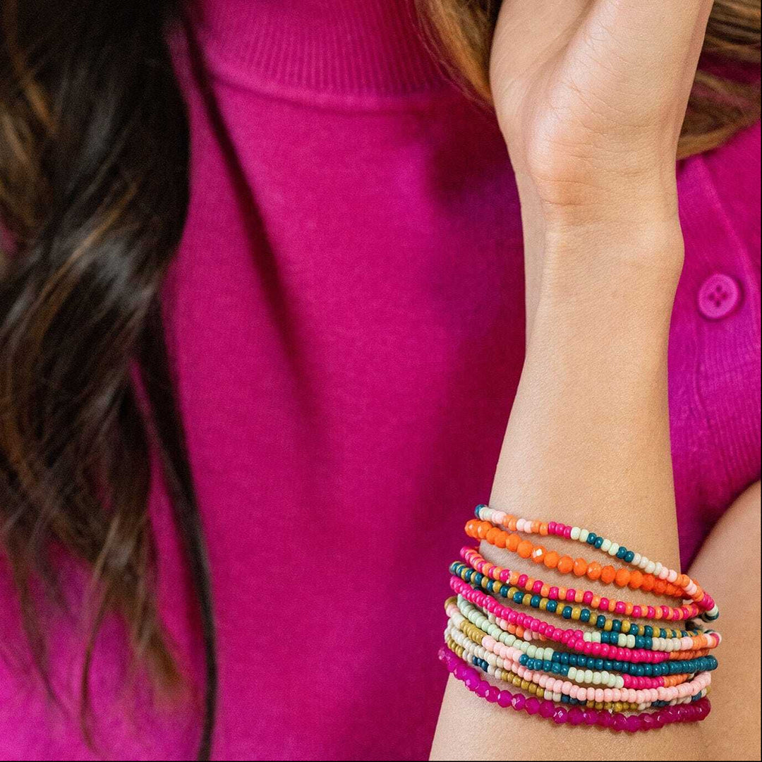 Sage Mixed Stripe Beaded 10 Strand Stretch Bracelet in Rainbow