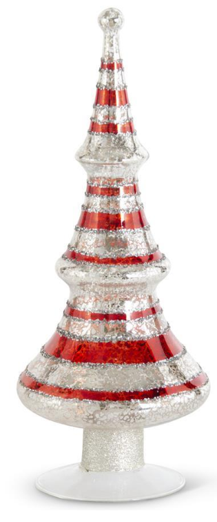 Red Glittered Striped Silver Mercury Glass LED Tree with Timer