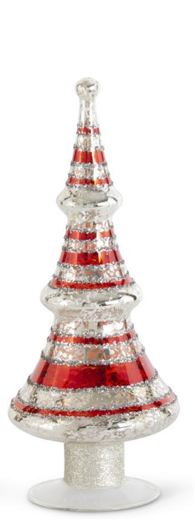 Red Glittered Striped Silver Mercury Glass LED Tree with Timer