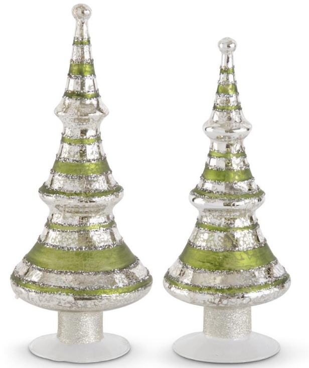 Green Glittered Striped Silver Mercury Glass LED Tree with Timer