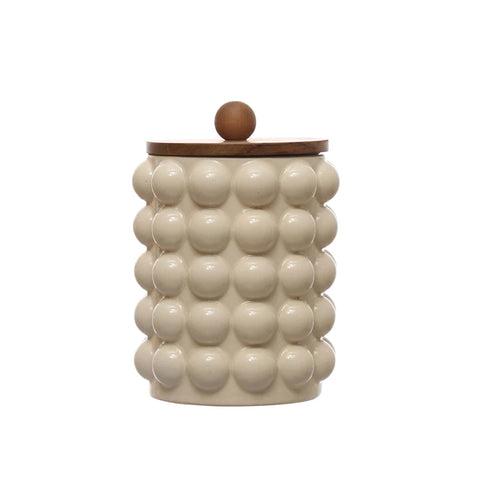 Stoneware Canister with Raised Dots & Acacia Wood Lid - White
