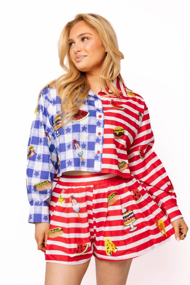 Queen of Sparkles Blue & Red Colorblock USA Food Picnic Cotton Button Up Top